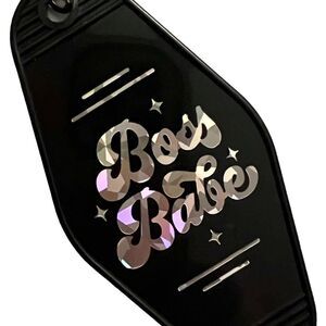 Black Motel Room Style Keychain Holographic print says “Boss Babe”